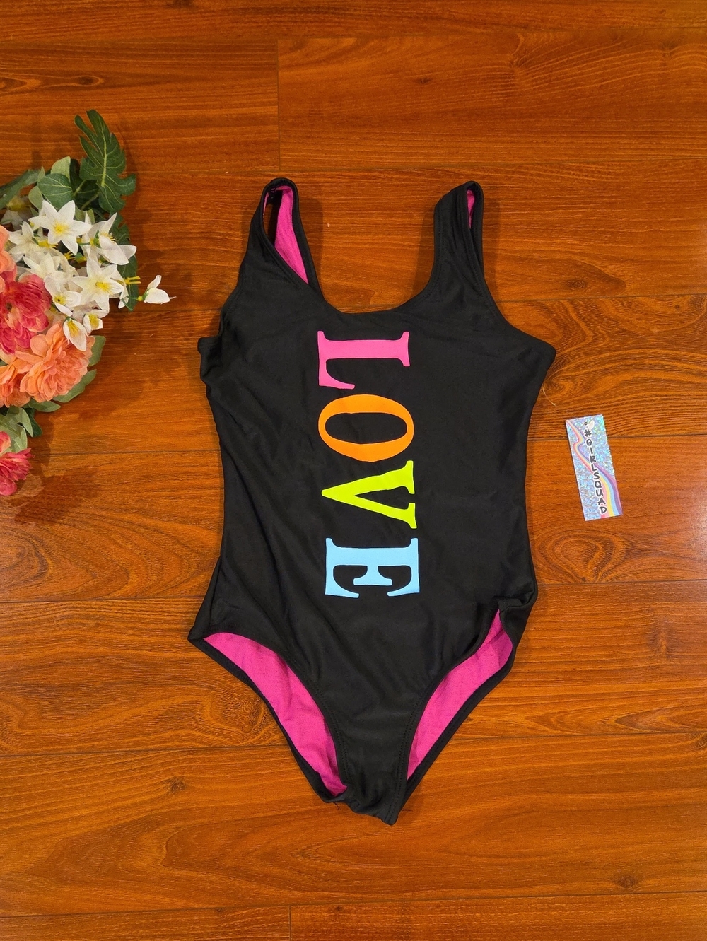 Girl Squad Black 1 Pc Swimsuit with Pink Lining, Multicolor LOVE Print Size 14